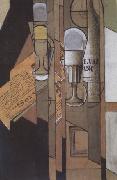 Juan Gris Glasses Newspaper and a Bottle of Wine (nn03) oil on canvas